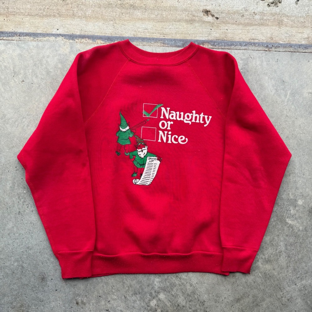 Vintage‎ 80s Fruit of the Loom Christmas Sweatshirt Red Naughty or Nice Elves L